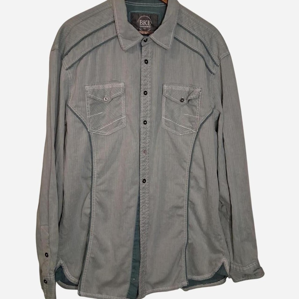 Mens BKE Clothing teal blue/ aqua striped Button Up Shirt front pockets